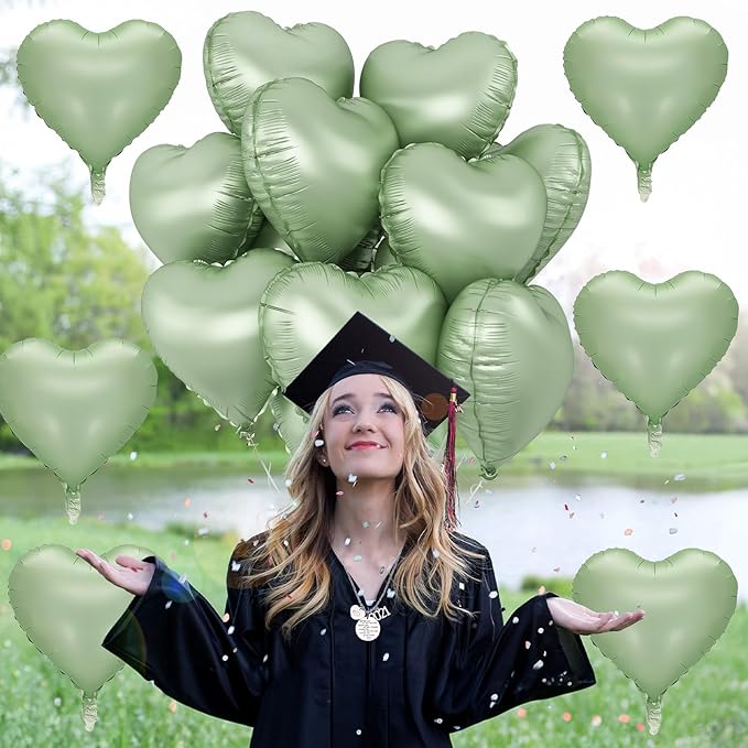 Sage Green Heart Foil Balloon, 10PCS Olive Green Heart Helium Balloons, Light Green Heart Shaped Mylar Balloons for Jungle Safari Party Birthday Graduation Garden Wedding Baby Shower Party Decorations