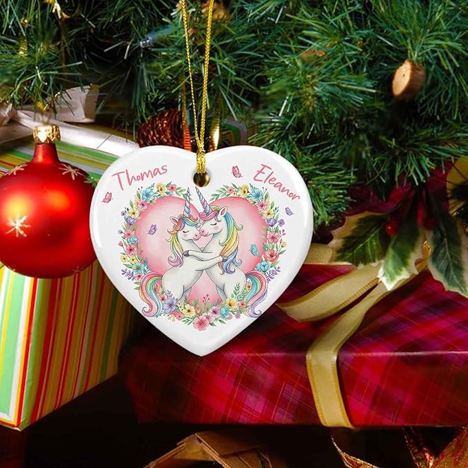 Unicorn Lovers Ornament Christmas 2025, Personalized Names Unicorn Couple Flowers Keepsake Xmas, Valentine Engaged Ornament Gifts for Men Women, Custom Couple Unicorns Together Ceramic Ornaments