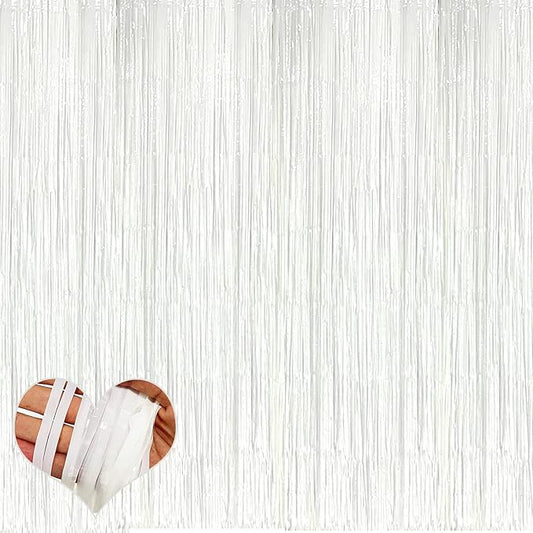 4 Pack White Fringe Curtain Backdrop, 3.2Ft x 9.8Ft Metallic Tinsel Foil Fringe Streamers Background for Photo Booth Birthday Wedding Baby Shower Carnival Easter Mother’s Day Party Decorations