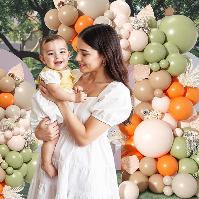 Dusty Green Orange Balloon Arch, Double Stuffed Blush Brown Cream Nude Balloon Garland Sage Green Sand White Orange Balloons for Neutral Baby Shower Wedding Birthday Gender Reveal Party Decoration