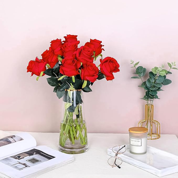 Tifuly 8 Pcs Red Roses Artificial Flowers Bulk,Realistic Long Stem Fake Silk Roses Bouquet for Wedding Centerpiece Table Vases Party Home Kitchen Decor