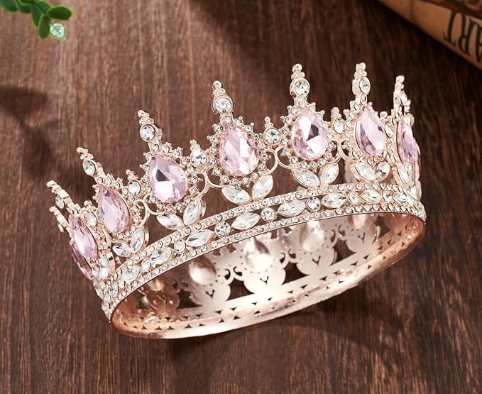 Queen Crown Rhinestone Wedding Crowns and Tiaras for Women Costume Party Hair Accessories Princess Birthday Crown Crystal BridalCrown(Rose Gold Pink Crown)