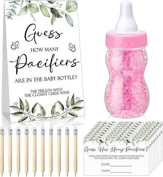 Roowest 512 Pcs Baby Shower Games Guess How Many Pacifiers Sign 100 Small Guessing Games 10 HB Pencils 750ml Milk Bottle 400 Acrylic Pacifiers Decoration for Guest Gender Reveal(Pink,Plant)