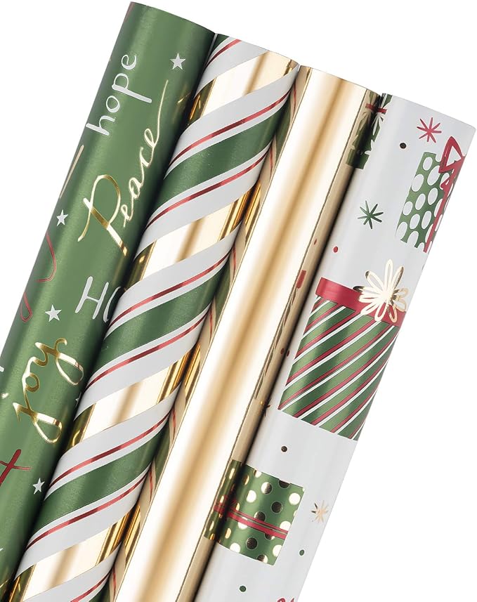 WRAPAHOLIC 30 Inch Green Christmas Wrapping Paper Roll - Jumbo Roll Green Holiday Set with Metallic Foil Shine - 4 Rolls - 30 Inch x 120 Inch Per Roll