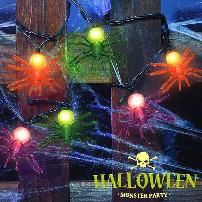 Halloween Spider String Lights, 8.5Ft Multi-Color Spider LED String Lights with 10 Lifelike Spider Lights Connectable Indoor/Outdoor Halloween Decoration for Party, Bar, House, Garden, Black Wire