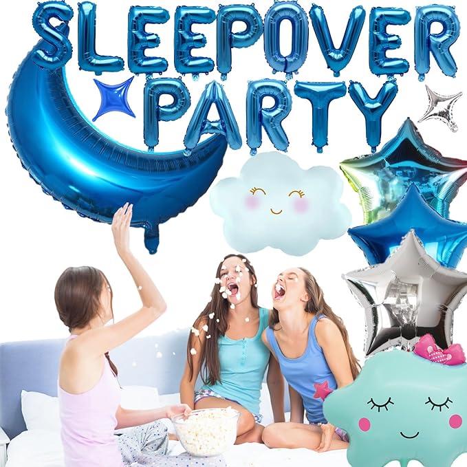 47 Pieces Sleepover Party Decoration Blue Sleepover Birthday Party Balloons Banner Cute Moon Star for Kids Boys Girls Pajamas Slumber Night Out Party Decoration (Black)
