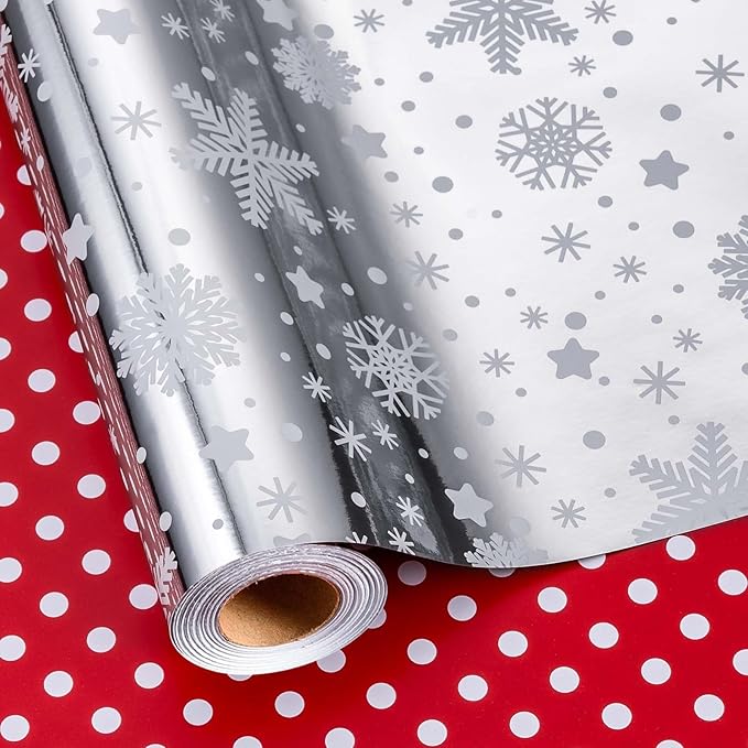 MAYPLUSS Christmas Wrapping Paper Roll - 17IN X 33FT - Christmas Gift Wrapping Paper Featuring Snowflake Against Silver Reversible Polka Dot for Kids, Holiday, New Year