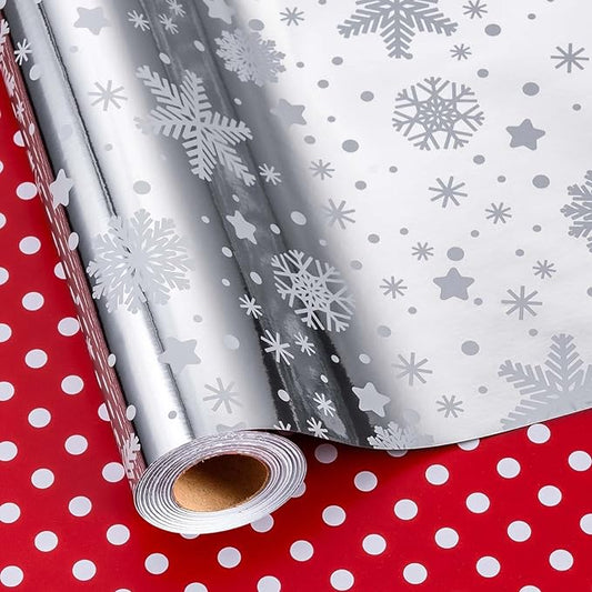 MAYPLUSS Christmas Wrapping Paper Roll - 17IN X 33FT - Christmas Gift Wrapping Paper Featuring Snowflake Against Silver Reversible Polka Dot for Kids, Holiday, New Year