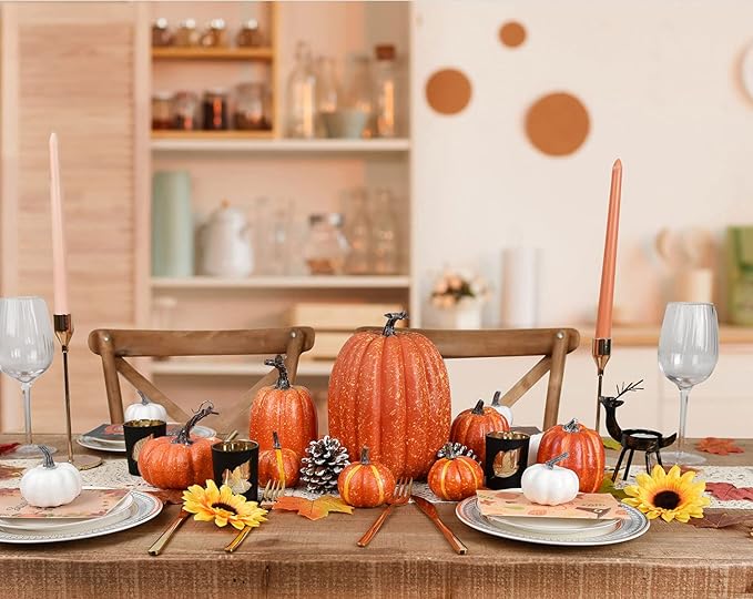 Lvydec Artificial Pumpkins Set Harvest Decoration, 7pcs Assorted Size Orange Pumpkins Realistic Large Pumpkins for Halloween Thanksgiving Autumn Festive Party Supplies (Orange)