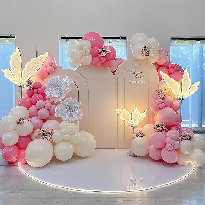 Pink Bow Balloon Arch Kit Pink and White Balloons Garland 91 Pcs Coquette Birthday Decor White Pastel Light Pink Bow Balloon for Girls Princess Bridal Baby Shower Birthday Party Decorations