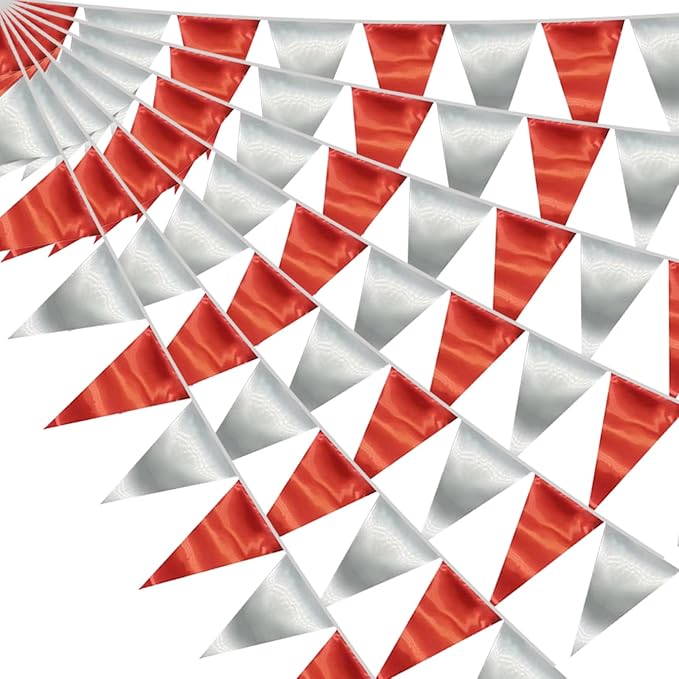65FT Red Silver Triangle Pennant Banner Flag Metallic Fabric Bunting Garland for Christmas Graduation Wedding Engagement Anniversary Bachelorette Birthday Bridal Shower Valentines Hen Party Supplies