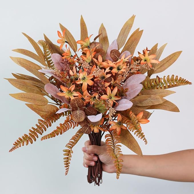 Artificial Greenery Stems Box Set for Fall Decor (Pack of 70pcs) with 8 Kinds of Faux Plants and Fake Flowers for Autumn DIY Wedding Bouquet Table Centerpieces and Floral Arrangement (Brown & Orange)