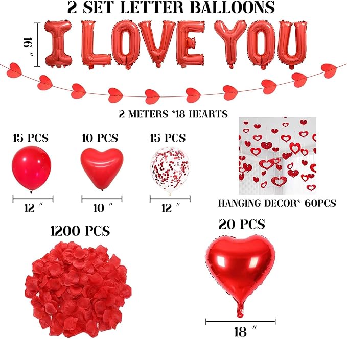 Valentine's Day Decorations 2 Set Red I LOVE YOU Balloons - 1200pcs Red Artificial Rose Petals 16" Letter Balloons 18" Heart Foil Balloons Latex balloons 10 heart balloons Hanging Swirls Heart Banner