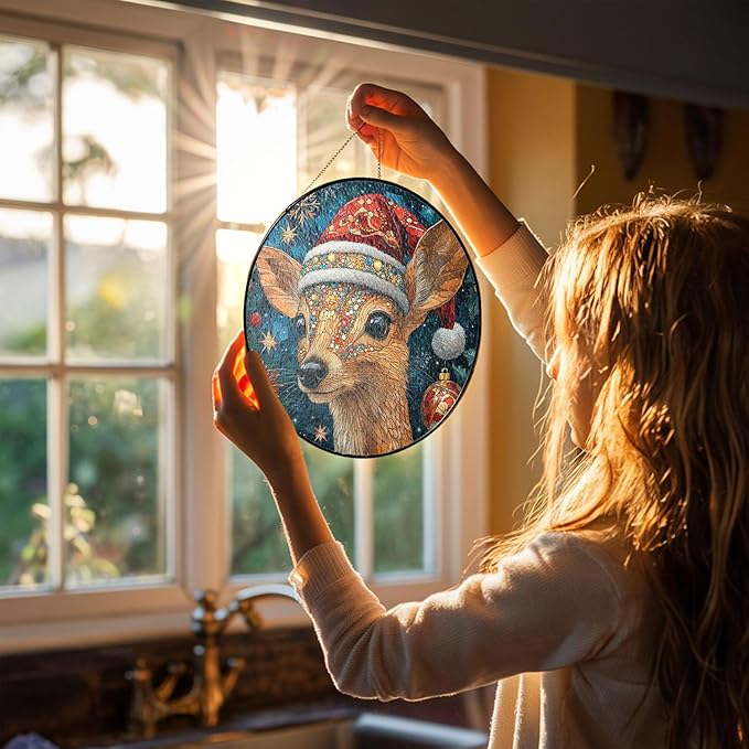Deer Stained Glass Window Hanging - Deer Christmas Hanging Ornament - Deer Christmas Decor - Wall Decor for Indoor Outdoor - Xmas Gifts for Mom, Grandma