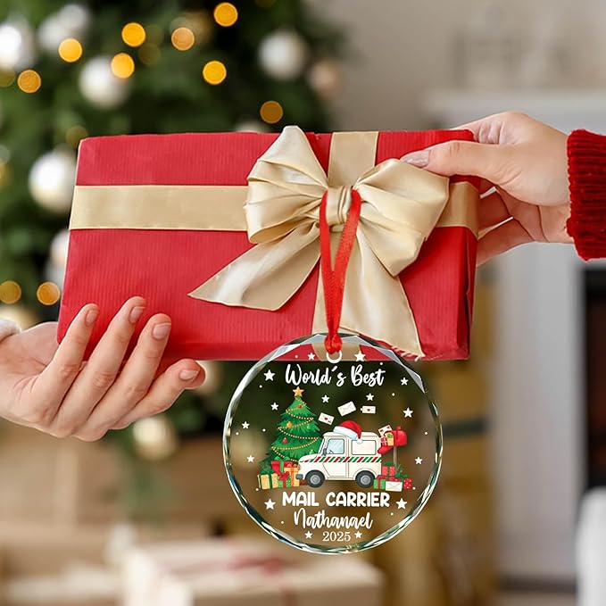 Personalized World's Best Mail Carrier Christmas Glass Ornament 2025, Mail Truck Christmas Tree Decoration Ornaments, Custom Name & Year Ornament Xmas Gifts for Postal Worker, Mailman Keepsake