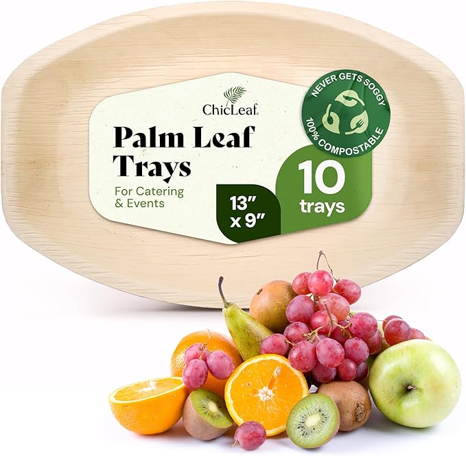 Chic Leaf All Natural Compostable & Disposable Rectangular 13" x 9" Palm Leaf Serving Tray for Events, Thanksgiving, Charcuterie Board, Catering & Weddings - Disposable Plates Party Supplies (10 pc)