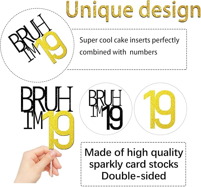 Bruh I'm 19 Cake Topper - Bro I'm 19, Happy Sweet 19 Ornament for Boys' 16th Birthday Party Supplies (Bruh I'm 19)