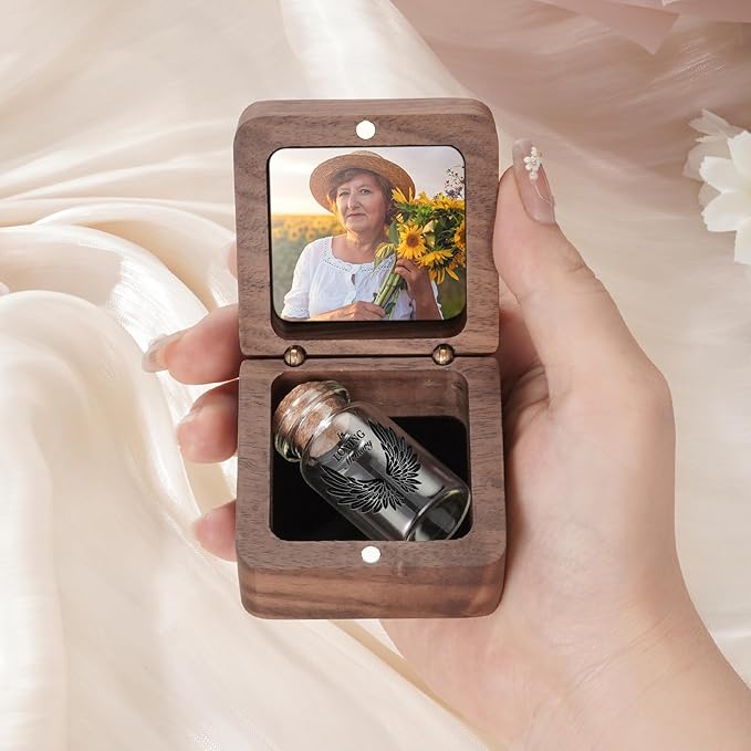 SOITIS Customized Engraving Wooden Box for Ashes - Small Glass Urn for Human Ashes Keepsake, Mini Urns for Ashes Cremation Holder, Funeral Keepsake for Women Men-Black Wings Urn