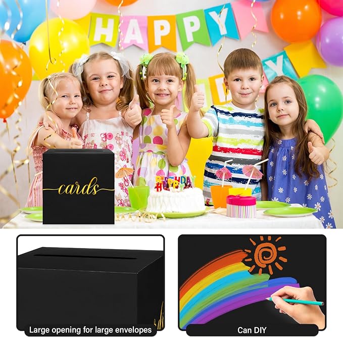 1 Pack Black and Gold Card Box for Party, 8.7" Black Gift Card Box for Birthday, Wedding, Baby Shower, Retirement, Anniversary, Bridal Shower, Graduation, Raffle Ticket