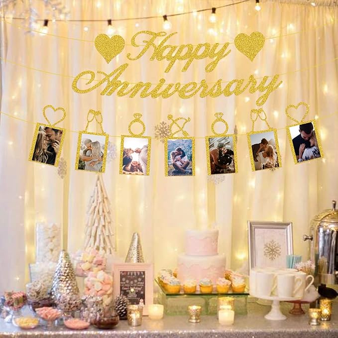 Happy Anniversary Party Decorations - Banner and Photo Banner for Wedding Party Decor