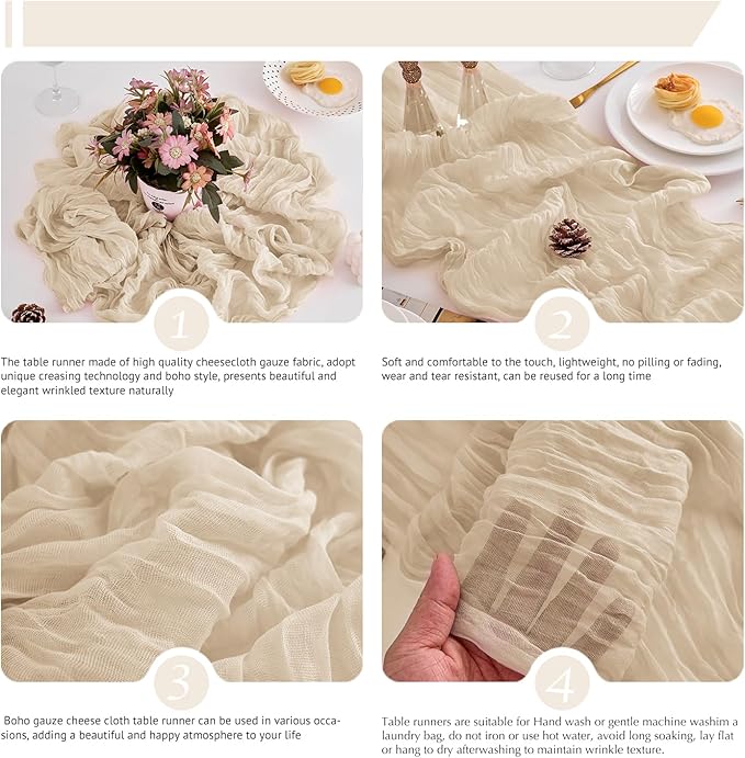 10 Pack Beige Table Runner 120 Inch Cheesecloth Table Runner 10FT Rustic Boho Gauze Table Runner Long Cheese Cloth Table Runner Semi Sheer Runners for Wedding Bridal Baby Shower Party