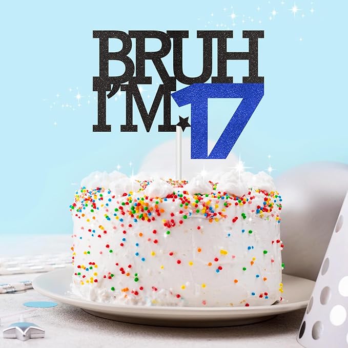 Bruh I'm 17 Cake Topper, Happy 17th Birthday Decorations for Boy, Funny 17th Birthday Cake Topper Birthday Party Decoration Supplies