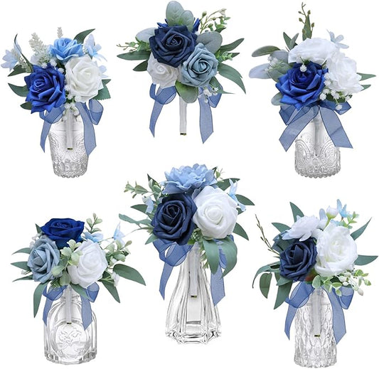 Marriwise Set of 6 Navy Blue Assorted Wedding Flower Centerpieces Pre-Made Mini Bridesmaid Bouquets Artificial Floral Rose Table Decor for Outdoor Beach Wedding Decorations Shower Home Decor