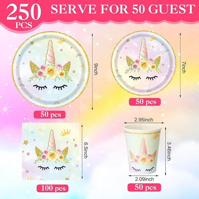 250 Pcs Unicorn Fairy Party Decoration for Girl, Happy Birthday Rainbow Floral Pastel Fairy Theme Paper Plates Napkins and Cups Tableware for Unicorn Baby Shower Party Supplies, Serves 50