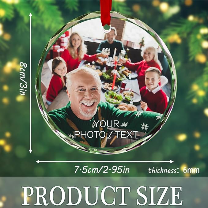 Personalized Round Christmas Crystal Glass Ornaments Custom 2025 Photo Ornament for Christmas Tree Decor Customized Xmas Tree Hanging Gifts for Family