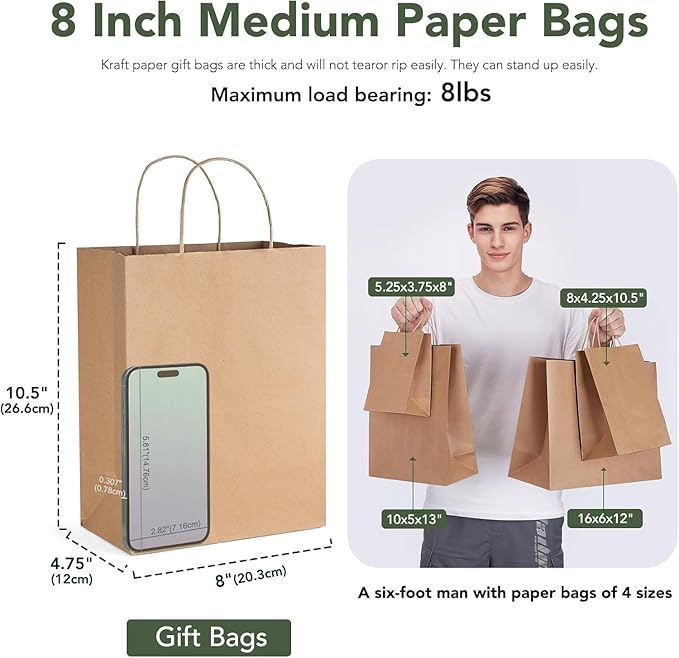 GSSUSA 400 Pack 8x4.25x10'' Paper Bags with Handles Bulk, Brown Paper Gift Bags for Small Business