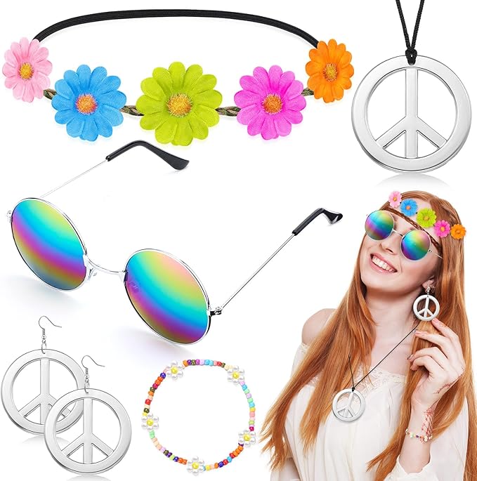 Batiyeer 6 Pcs Hippie Costume Accessories Set, Boho Peace Sign Daisy Flower 60s 70s Party Favors Decor for Groovy Party Women(Sliver)