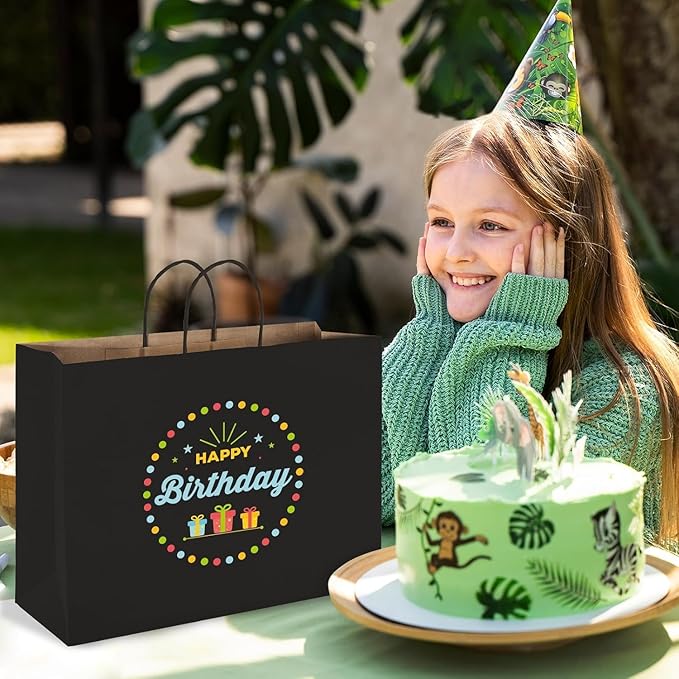 MESHA Gift Paper Bags 200 Pack 16X6X12 Black Large Shopping Kraft Bags Bulk with Handles Reusable for Business,Grocery,Birthday,Wedding,Kids Party,Favors