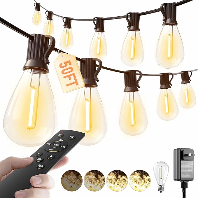 luckystyle 50FT LED Outdoor String Lights with Remote,16+ 1 Shatterproof Bulbs Waterproof and Dimmable Patio Lights for Porch, Garden, Backyard, Deck, Balcony, 2700K, Hanging Lighting
