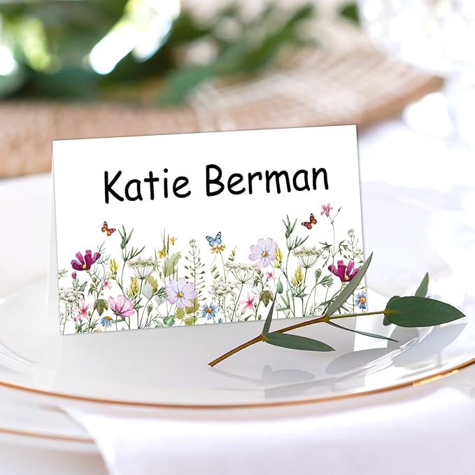 Whaline 100Pcs Wildflower Place Cards 2 x 3.5 Inch Watercolor Floral Butterfly Tented Cards Seating Cards for Spring Wedding Bridal Shower Party Table Setting