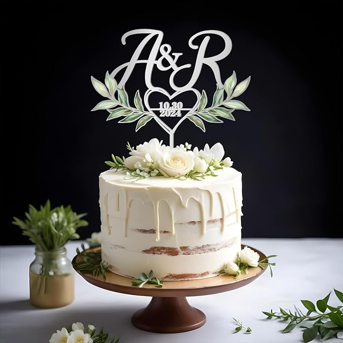 Personalized Wedding Cake Topper with Custom Bride & Groom's Initials and Date Wedding Cake Decoration UV-Printed Heart and Green Leaves Design