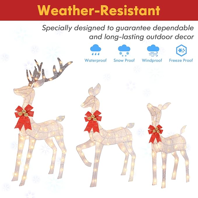 3-Piece Reindeer Outdoor Christmas Decorations, 5FT Large Pre-lit Christmas Deer Family Set, 3D Outside Holiday Yard Decoration with 260 Bright LED Lights, Stakes, Zip Ties - White