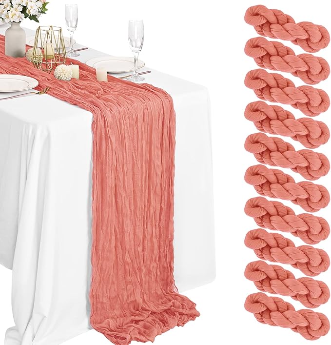 10 Packs Cheesecloth Table Runner Peach Coral, 10Ft x 35" Rustic Gauze Boho Wedding Table Runner Decoration, Wedding Table Decor Table Cloth for Wedding Party Bridal Shower Table