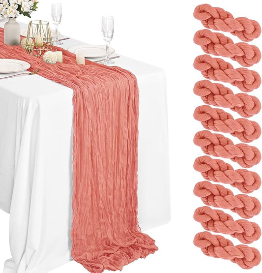 10 Packs Cheesecloth Table Runner Peach Coral, 10Ft x 35" Rustic Gauze Boho Wedding Table Runner Decoration, Wedding Table Decor Table Cloth for Wedding Party Bridal Shower Table