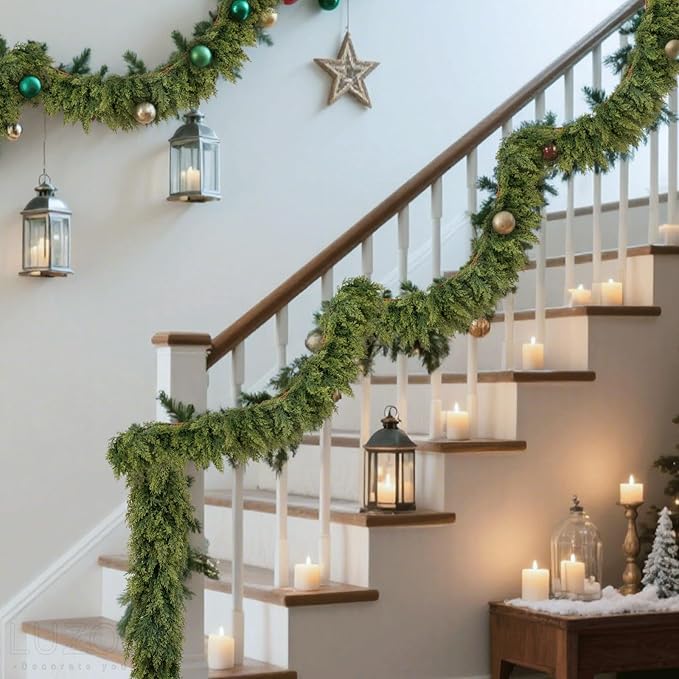 1 Pcs 6ft Real Touch Christmas Cedar Garland - Artificial Soft and Thickness Faux Green Full Cedar Pine Needles Garland for Fireplace Mantel, Table, Doorframe, Indoor Outdoor Xmas Holiday Decorations