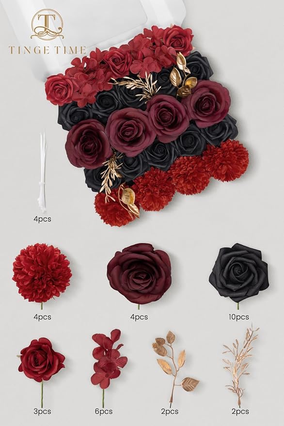 TINGE TIME Rose Artificial Flowers Combo, Gradient Color Faux Foam Roses with Stems for DIY Wedding Bridal Shower Party Table Centerpieces Fake Floral Arrangement Home Decor (Gothic Black & Red)