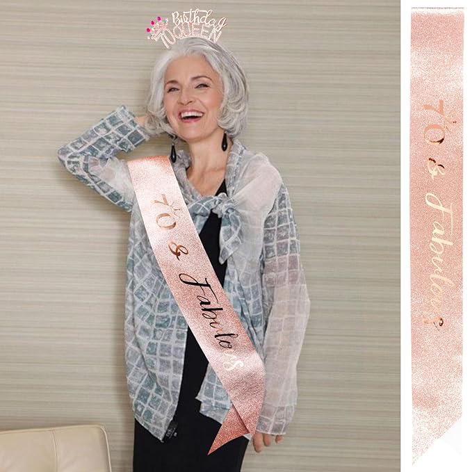 VELSCRUN 70th Birthday Queen Headband, Tiara Crown for Women, 70th Birthday Decorations for Her, Birth Queen Tiaras Crowns Sash for Women Mom Birth Party Decoration Hair Accessories Rose Gold