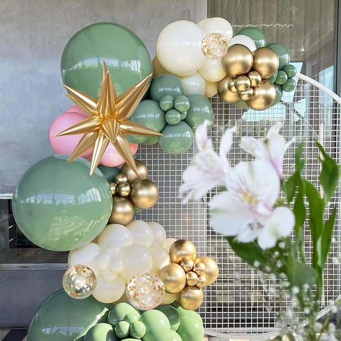 Sage Green Pink and Gold Balloon Arch Kit, 156Pcs Blush Pastel Pink and Green Garland with White Sand Metalic Gold 4D Star Balloons for Boho Girls Woodland Baby Shower Wedding Birthday