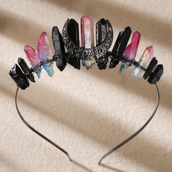 Fairy Crystal Moon Headband for Women - Black and Pink Raw Quartz Witch Tiara Crowns, Fairy Elf Circlet Gothic Queen Headpiece for Wedding Renaissance Cosplay Halloween Headwear