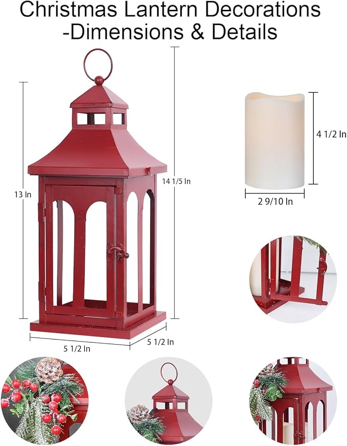 DECORKEY Christmas Decorations for Home, Decorative Christmas Lantern Indoor Outdoor Decor, Metal Hanging Candle Holder with Xmas Teardrop Wreath and LED Candle for Table Centerpieces, Patio (Red)