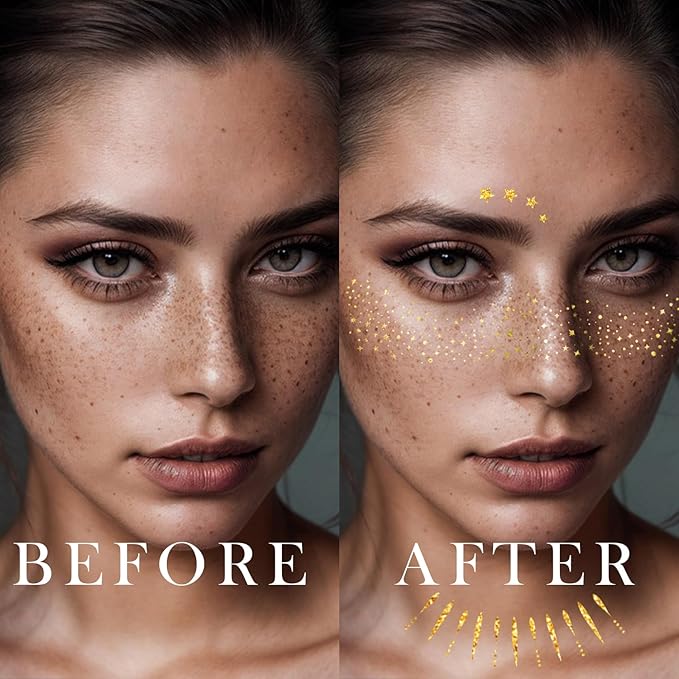 20 Pcs Gold Glitter Freckles Face Tattoo, Gold glitter Freckles Makeup Patches, Waterproof Sparkle Freckles, Glitter Freckles Face Temporary Tattoos for Women