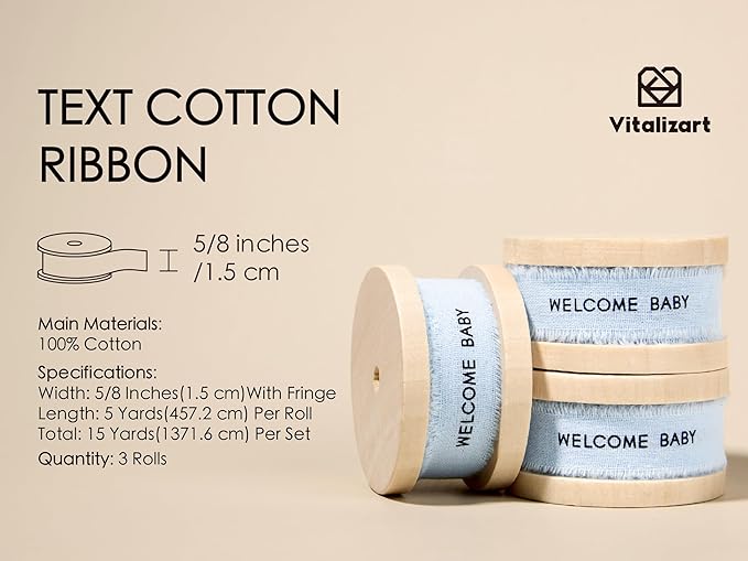 Vitalizart Welcome Baby Cotton Ribbon 5/8 Inch Natural Handmade Frayed Fringe Ribbons 15 Yd for Baby Shower Crafts Decor Gift Wrapping