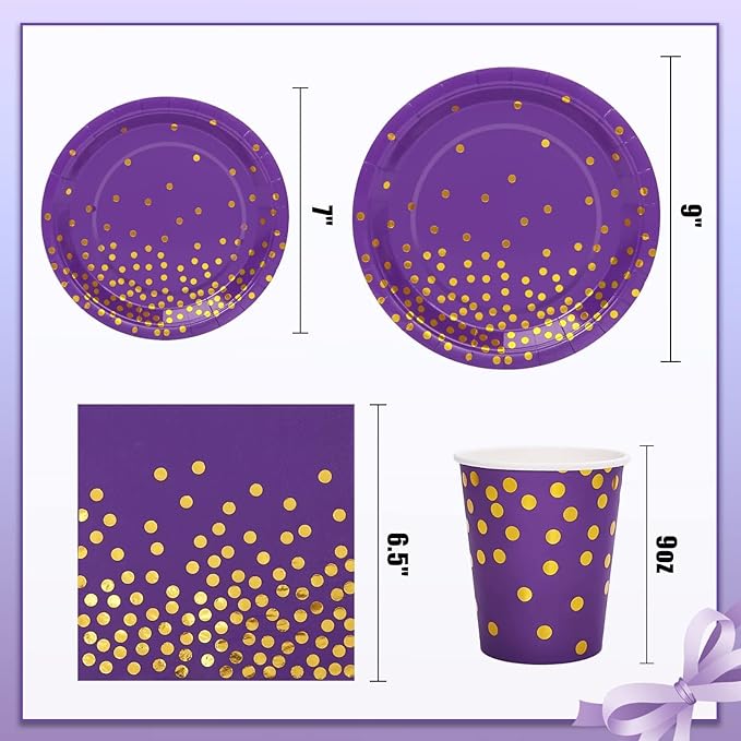 175Pcs Purple and Gold Party Decorations, Purple Plates and Cups and Napkins Sets, Gold Disposable Plates for Birthday Wedding Party Supplies, Serves 25