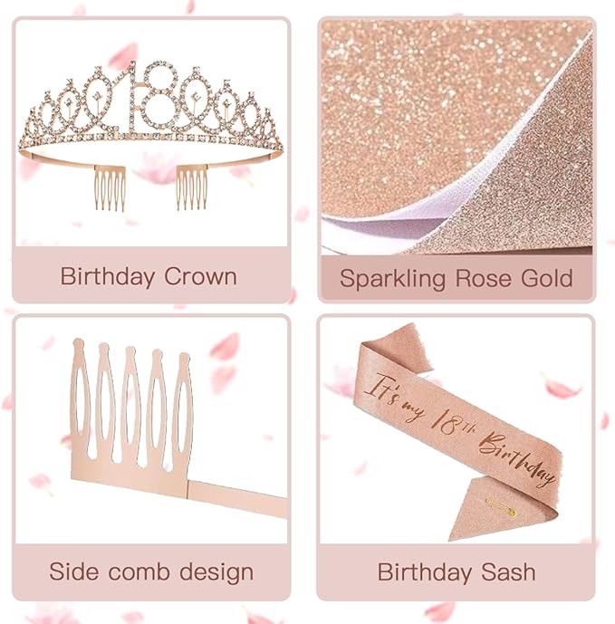 18th Birthday Decorations for Girls, Rose Gold 18th Birthday Party Set with Crown, Sash, Cake Topper, Balloons, Banner, Fringe Curtains - Perfect 18th Birthday Party Supplies