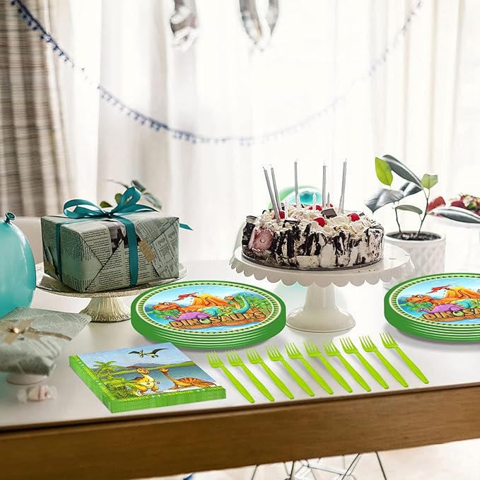 96 PCS Dinosaur Party Supplies - Birthday Tableware Set With Plates, Napkins, Forks for 24 Guests - Dino Themed Decorations