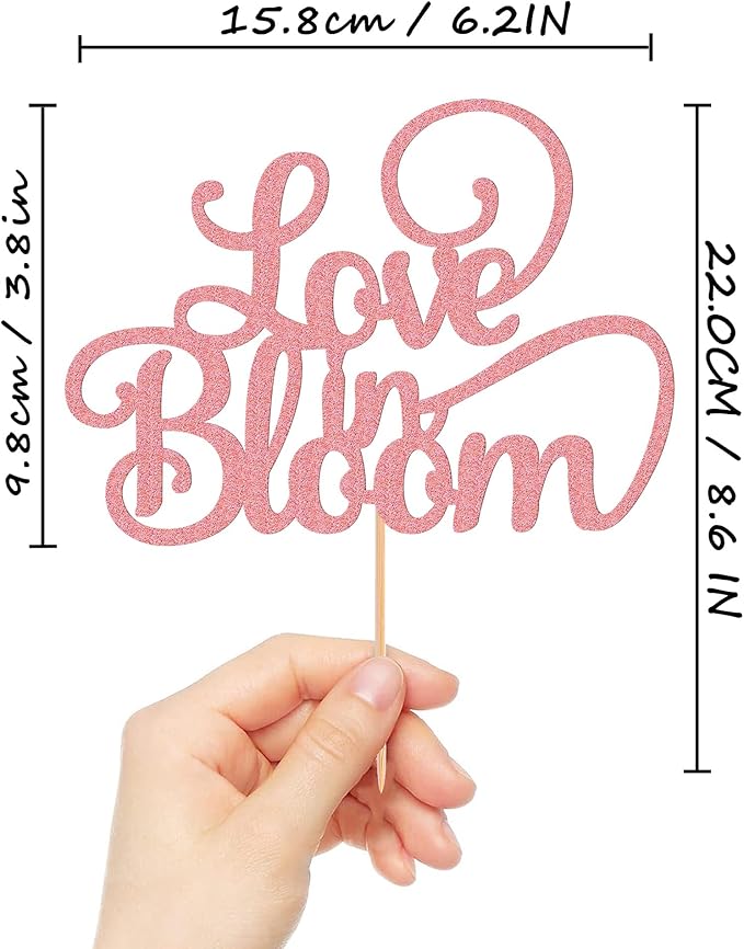 Love in Bloom Cake Topper - Glitter Pink Bridal Shower Cake Decoration, Wedding & Engagement Cake Pick (Pink)